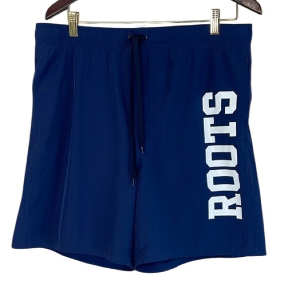 Roots Mens Graphic Logo Swim Shorts Navy Blue Mesh Lined Pockets Draw String L - Picture 2 of 13